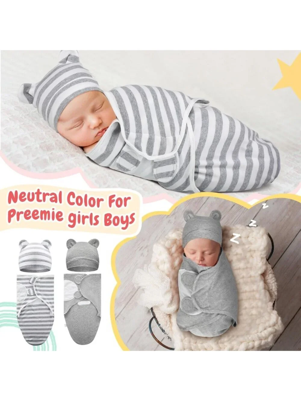 Cozy 4-Pack Swaddle Blankets with Matching Hats for Newborns and Infants